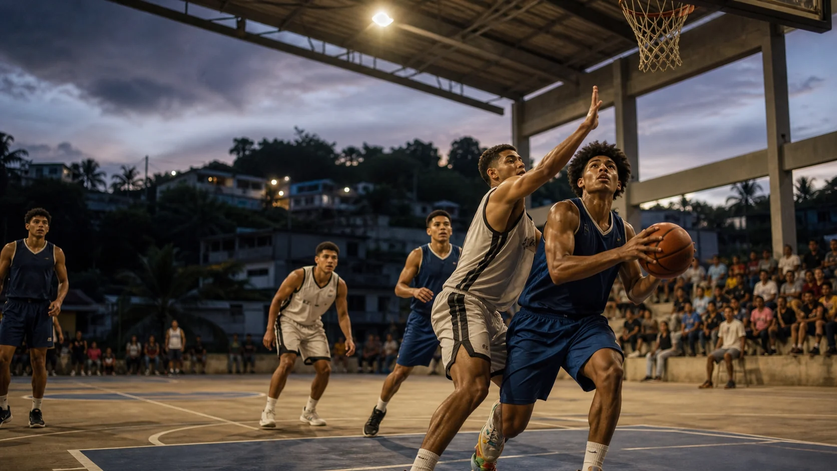 Equipo escolar de baloncesto compitiendo en una cancha techada de Puerto Rico