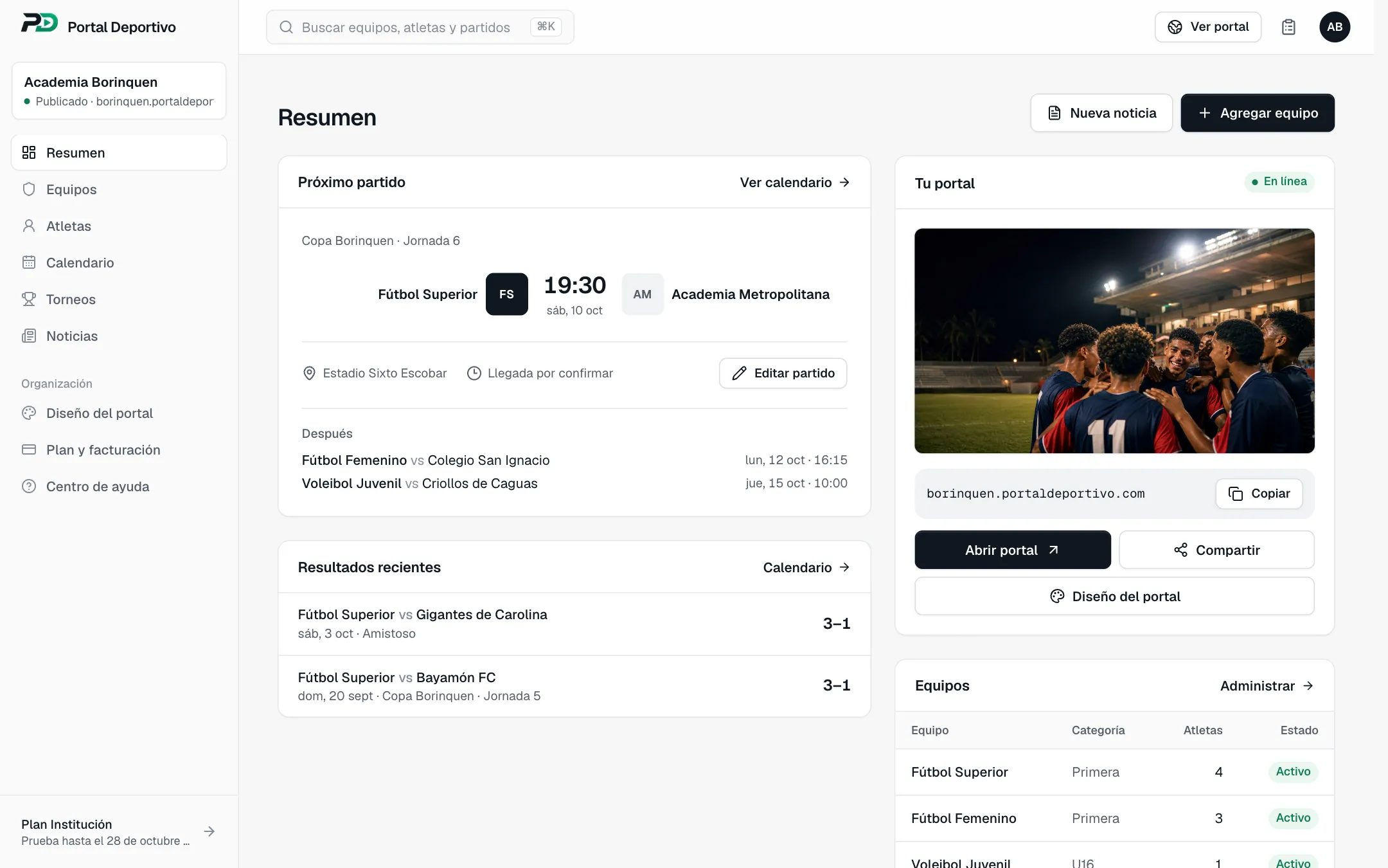 Panel de Portal Deportivo: Resumen