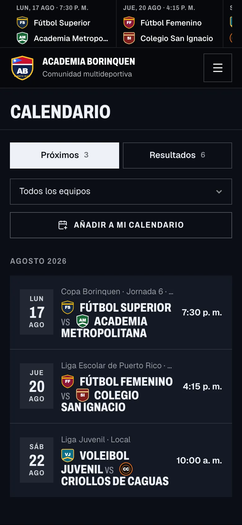 Calendario público de partidos en un iPhone